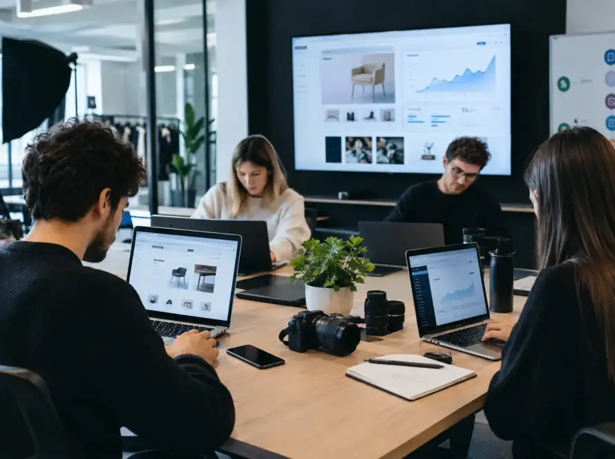 Equipo de agencia de marketing preparando un lanzamiento de producto online con web, fotografía, Ads y automatización mediante IA.