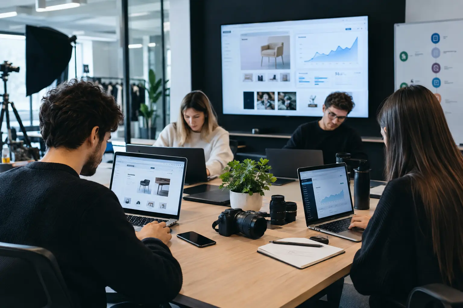 Equipo de agencia de marketing preparando un lanzamiento de producto online con web, fotografía, Ads y automatización mediante IA.