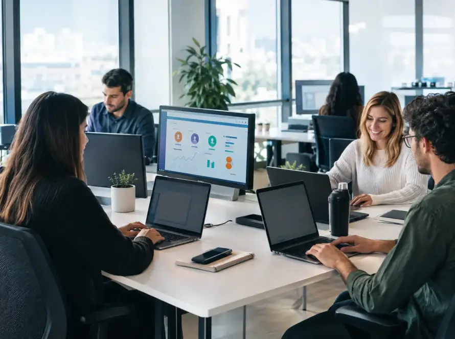 Equipo de marketing analizando la segmentación de clientes y el customer journey en una pantalla.