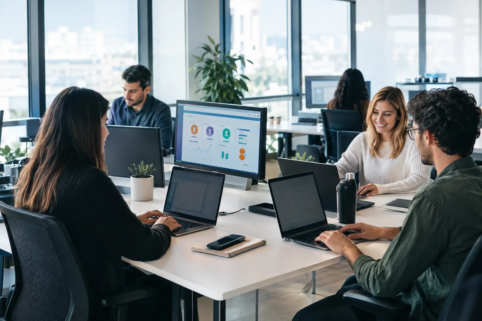 Equipo de marketing analizando la segmentación de clientes y el customer journey en una pantalla.